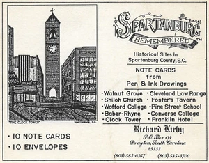 Tarjeta de cubierta 1987 Spartanburg recordada Sc pluma y tinta Richard Kirby tarjeta de nota G1 - Imagen 1 de 3