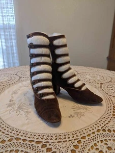 Antique Edwardian Titanic 19teens Ladies Brown Velvet Strappy Boots - Picture 1 of 18
