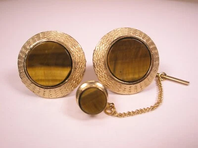 Genuine Tiger's Eye Quality Gold Tone Vintage Cuff Links & Tie Tack set simple - Image 1 of 4
