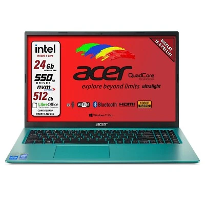 Acer Notebook Intel N6000 SSD 512 GB RAM 24 GB 15,6" FullHD Blue Pronto all'Uso - Immagine 1 di 4