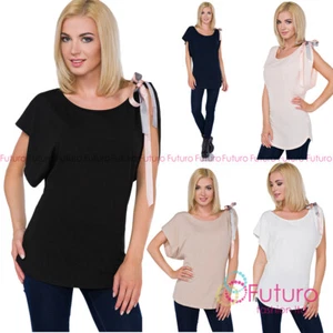Women's Shoulder Bow Tied Blouse Boat Neck Short Sleeve Everyday Shirt FT3050 - Picture 1 of 7