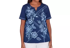 ALFRED DUNNER PLUS SIZE 1X TOP BLUE BAYOU 2024 EMBROIDERY TOP NEW WITH TAG - Picture 1 of 8