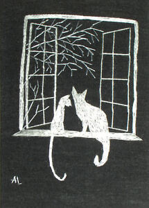 "YEARLY SALE" ACEO Original "Cat Silhouette" Silk Hand Embroidery - A Lobban 