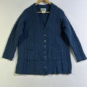 Vintage Aran Crafts Ireland Merino Wool Chunky Knit Lagenlook Cardigan XL Blue - Picture 1 of 8