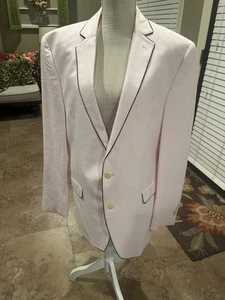 Tallia Sportcoat 44 L Mens Pink Seersucker with Navy/black Piping EUC - Picture 1 of 19