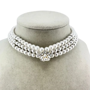 Vintage Style Faux Pearl Rhinestone Accent Triple Strand Silver Tone 15" Choker - Picture 1 of 6