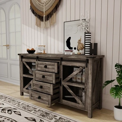 Grey Vintage Wooden Sideboard-Mesh Door-Drawers &Storage For Living Room Kitchen - Image 1 of 4