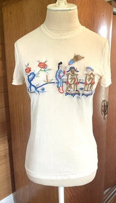 Figuras asiáticas vintage años 90 Vivienne Tam malla blanca bordadas, flores Foto 1 de 4