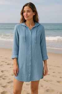 Top túnica Spiegel 100 % algodón gasa con capucha botón delantero azul texturizado largo... - Imagen 1 de 10