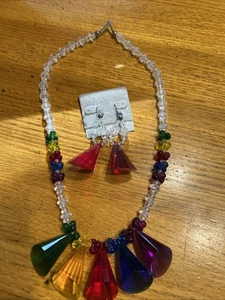 Vtg costume Necklace & Earring Set Large MULTI Colored Plastic Dangling Stone - Picture 1 of 6