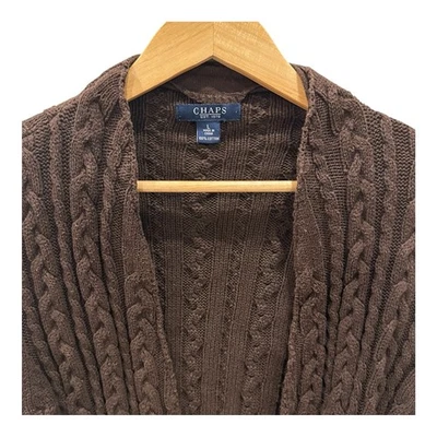Chaps Cable Knit Brown Cardigan Sweater Large Ribbon Tie Waist Bell Sleeve - Image 1 of 4