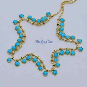 14K Yellow Gold 41 Round Bezel Turquoise Drop Dangle Charm Beaded Chain Necklace - Picture 1 of 10