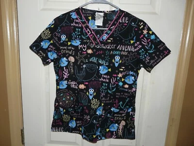 Disney Finding Nemo Womens Scrub Top Sz XS Medical Nurse Fish Pockets - Image 1 of 4