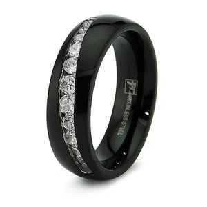 Juego de Canales de Acero Inoxidable CZ Anillo de Boda Negro 7 mm | Grabado GRATUITO - Imagen 1 de 1