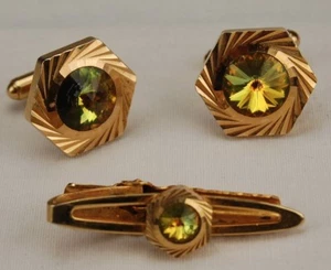 Vtg Cufflinks Tie Clip Clasp Tack Watermelon Rivoli Rhinestone Faceted Goldtone  - Picture 1 of 4