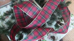 Ribbon wire edge Red plaid Gold Glitter Edge 2.5" Wide 5 Yds - Picture 1 of 4