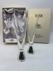 Oleg Cassini Crystal Glitter Set Of 2 Flute Champagne Hematite Signed - Picture 1 of 16