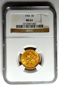 1904 $5 Five Dollar Gold Liberty Head Half Eagle Coin Graded by NGC MS61 - Picture 1 of 6