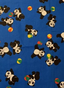 38" x 45" + Unbranded Tossed Pandas with balls on Blue Cotton Poplin - Picture 1 of 8