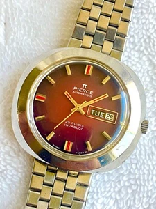 Vintage Pierce Burgund Automatik 25 Juwelen Tag Datum Stahl Schweizer Uhr gewartet - Bild 1 von 9