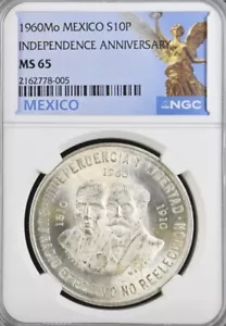 1960 Mexico 10 Pesos NGC MS65 - Picture 1 of 2