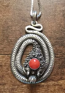 Vtg Artisan 925 Sterling Snake Cobra Pendant Necklace 24" Carnelian w/Box Chain - Picture 1 of 4