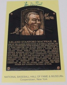 LEE MacPHAIL (d.2012) MLB Executive Autographed HALL OF FAME PLAQUE CARD 16D