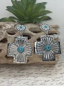 Cross Post Rodeo Cowgirl SILVER TURQUOISE Earrings Western Southwest pendant fal - Picture 1 of 9