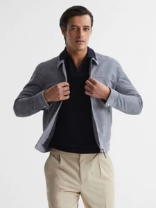REISS MENS Riley Suede Jacket in Slate Blue Size L - Picture 1 of 6
