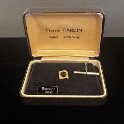 Vintage Pierre Cardin Onyx Gold Tone Tie Tack Pin Paris New York Boxed - Image 1 of 4