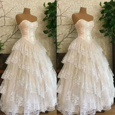 Vestidos de noiva sem alças vintage com babados apliques de renda comprimento total vestido de noiva - Imagem 1 de 4