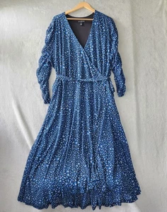 Susan Graver Occasions Wrap Dress Womens 4X Blue Black Maxi Sheer Ruched Sleeves - Picture 1 of 8