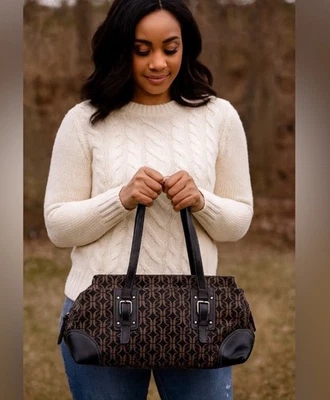 FOSSIL Y2k Barrel Bag Signature Canvas Leather Monogram Print Baguette Vintage - Image 1 of 4