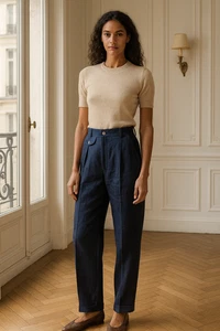 NWT Vtg Liz Claiborne LizSport Linen Navy Pants Womens 8 Pleated Tapered Cuffed - Picture 1 of 11