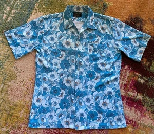 Vintage 70er 80er JC Penneys Hemd Herren Größe Large Hawaii Blumen blau Knopfleiste - Bild 1 von 9