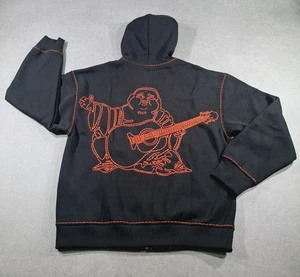 True Religion Super T Mens Hoodie L Embroidered Buddha Full Zip Black Red Stitch - Picture 1 of 21