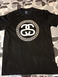 Stussy mens black perforated t shirt S White logo front rear short sleeve regula - Picture 1 of 8