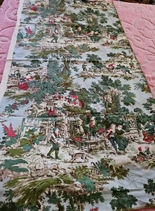 VTG HTF Colored French Country Toile Cotton Fabric Village Scenes 52" X 26" Wide - Picture 1 of 13