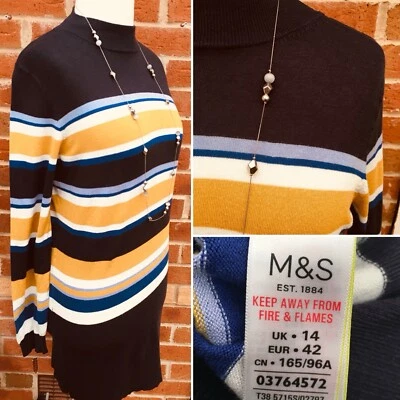 M&S Size 14 Black Gold Blue Striped Jumper Winter Wear Excellent L8 - Image 1 of 4