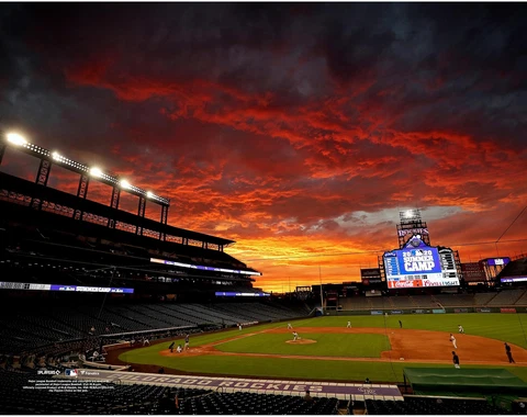 Coors Field Colorado Rockies Unsigned Nighttime Sunset Baseline View Photograph Cover