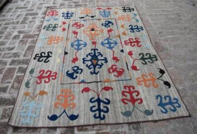 Alfombra Kilim tribal afgana tejida a mano gris 5x7 azul vintage alfombra geométrica de lana Foto 1 de 4