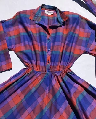 复古 80 年代美国衬衫连衣裙女式 M L 13 Geo 色块腰带 Shldr 垫 — 第 1/4 张图片