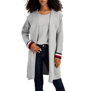 New Tommy Hilfiger striped cuffed hoody cardigan sweater.Medium Heather Gray XL - Picture 1 of 8