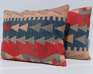 Juego de 2 Almohadas Kilim de Lana Turca Kayseri Hechas a Mano Rectángulo 24"X18" Alfombra Estuche - Imagen 1 de 3