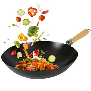 Carbon Steel Non Stick Wok Asian Chinese Stir Fry Frying PAN Wood Handle Pot 30c - Picture 1 of 12