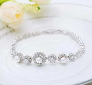 White Round Pearl Wedding Silver Crystal Party Gift Anniversary Bridal Bracelet - Picture 1 of 8