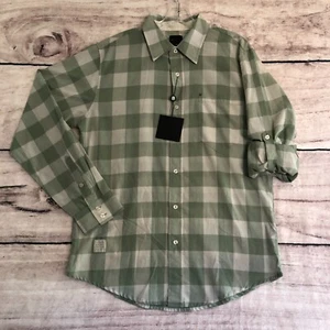 Camicia vintage Kr3w Krew con bottoni grande uomo verde a quadri rotolo linguetta manica Y2K nuova - Foto 1 di 13