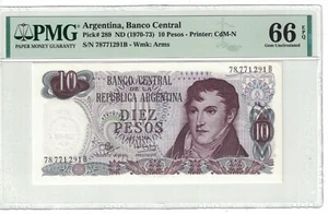 Argentina 10 Pesos 1970-73 PICK#289 PMG: 66 EPQ GEM IMBALLO ORIGINALE #PL1875 - Foto 1 di 2