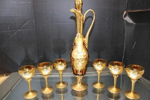 Vintage Bohemian Czech Glass Amber Enameled Gilded Wine Decanter Set - Picture 1 of 16