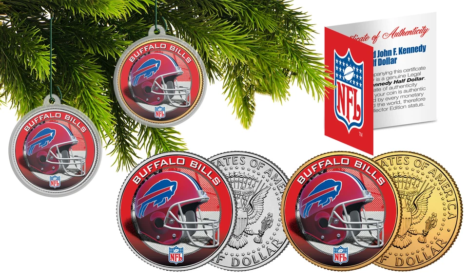 BUFFALO BILLS Coloreado JFK Medio Dólar Juego de 2 Monedas NFL Árbol de Navidad Adornos Foto 1 de 1